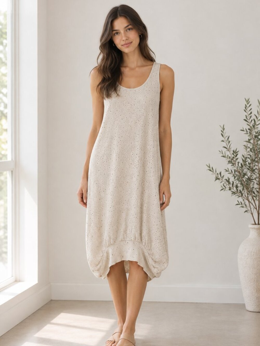 Poleci Beige Nude Laser Cut-Out Tunic Dress Draped Hem XS, 0319